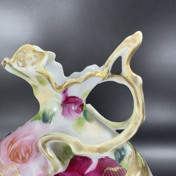 Antique Nippon Hand Painted Green Vase Pitcher Ewer Floral Gold Trim Porcelain - Picture 4 of 16